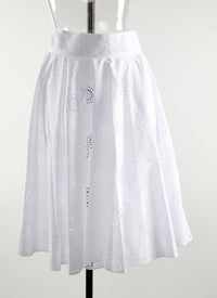 Plain mid-length skirt with perforated details - White