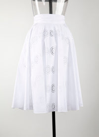 Plain mid-length skirt with perforated details - White
