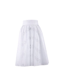 Plain mid-length skirt with perforated details - White