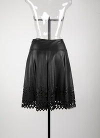 Short skirt with openwork leather trim - Black intense