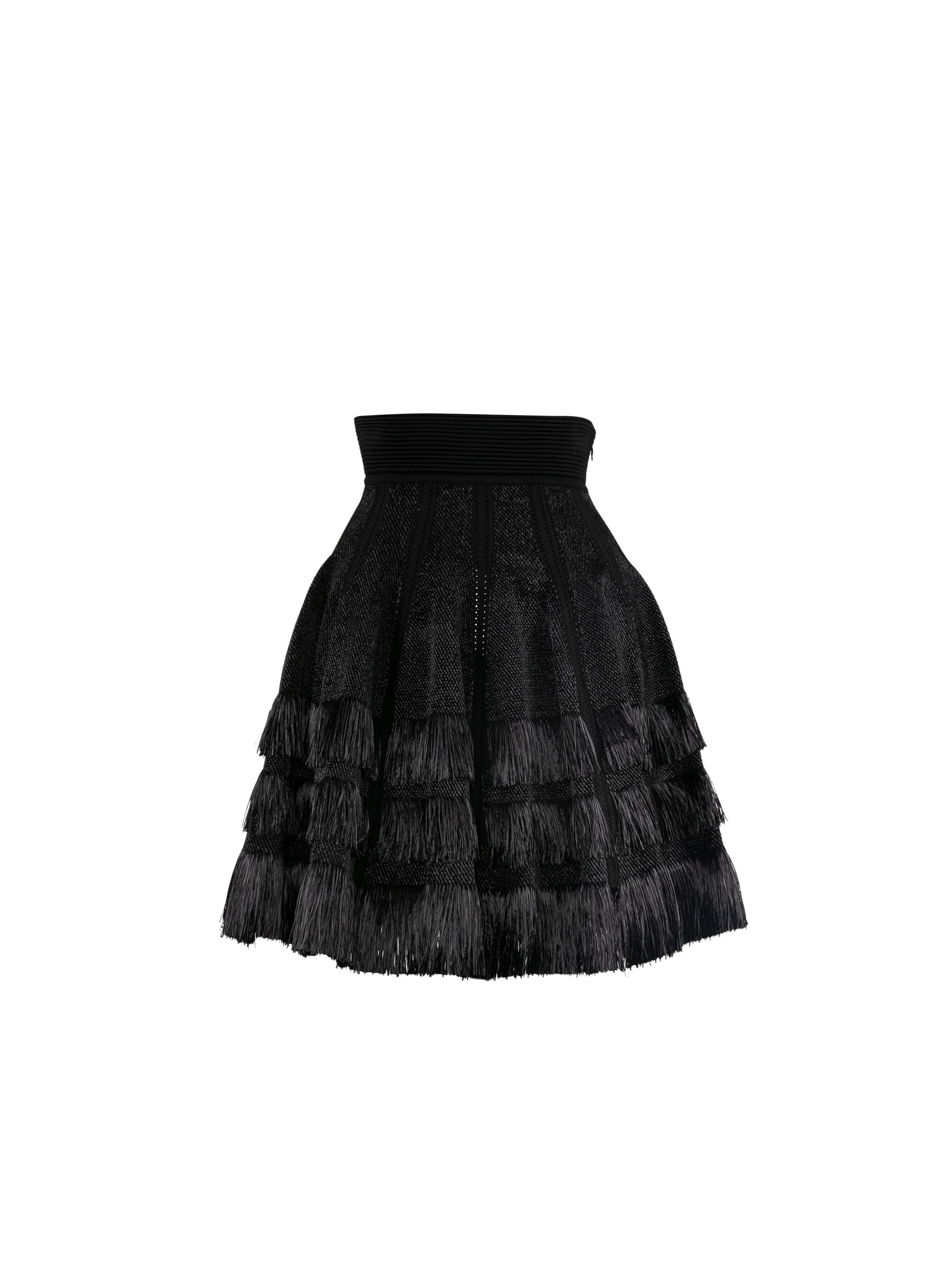 Jupe courte plissée à franges - Noir