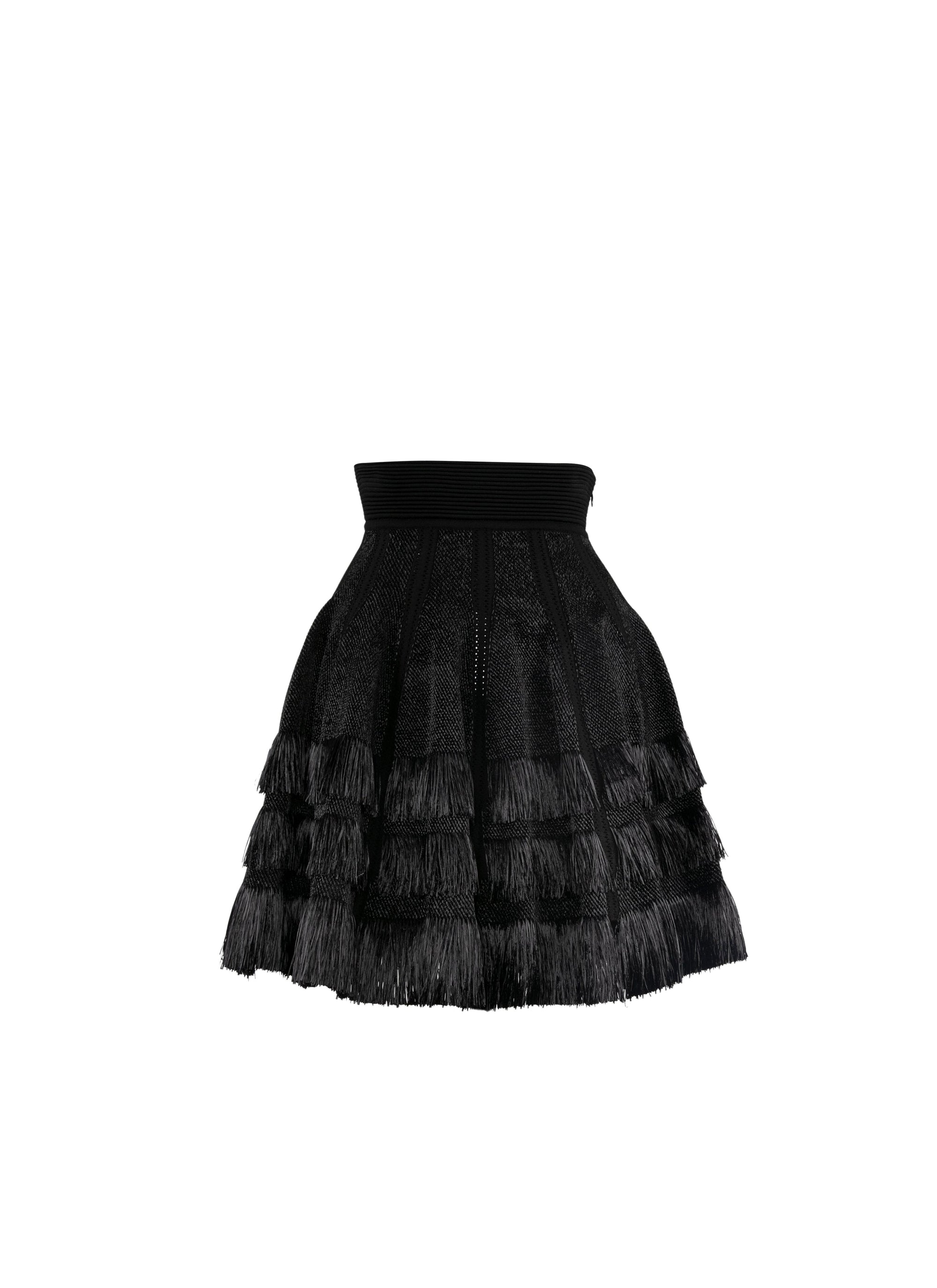 Jupe courte plissée à franges - Noir