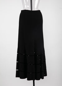 Ribbed long skirt with openwork details - Black intense
