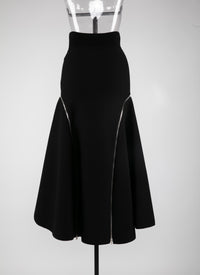 Long skirt in wool with side zip details - Black intense