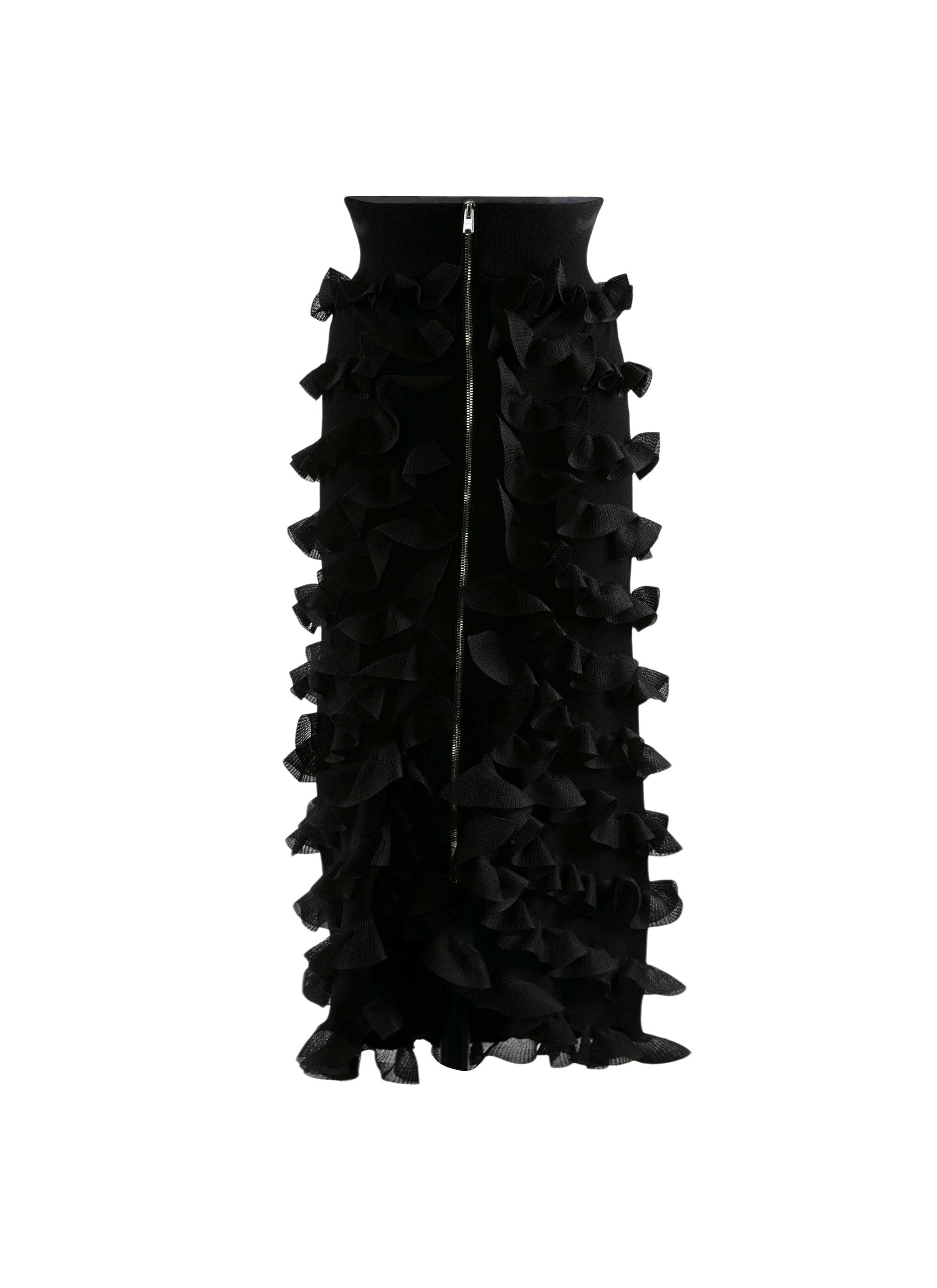 Jupe droite à volants zip en soie mélangée - Noir Alaïa