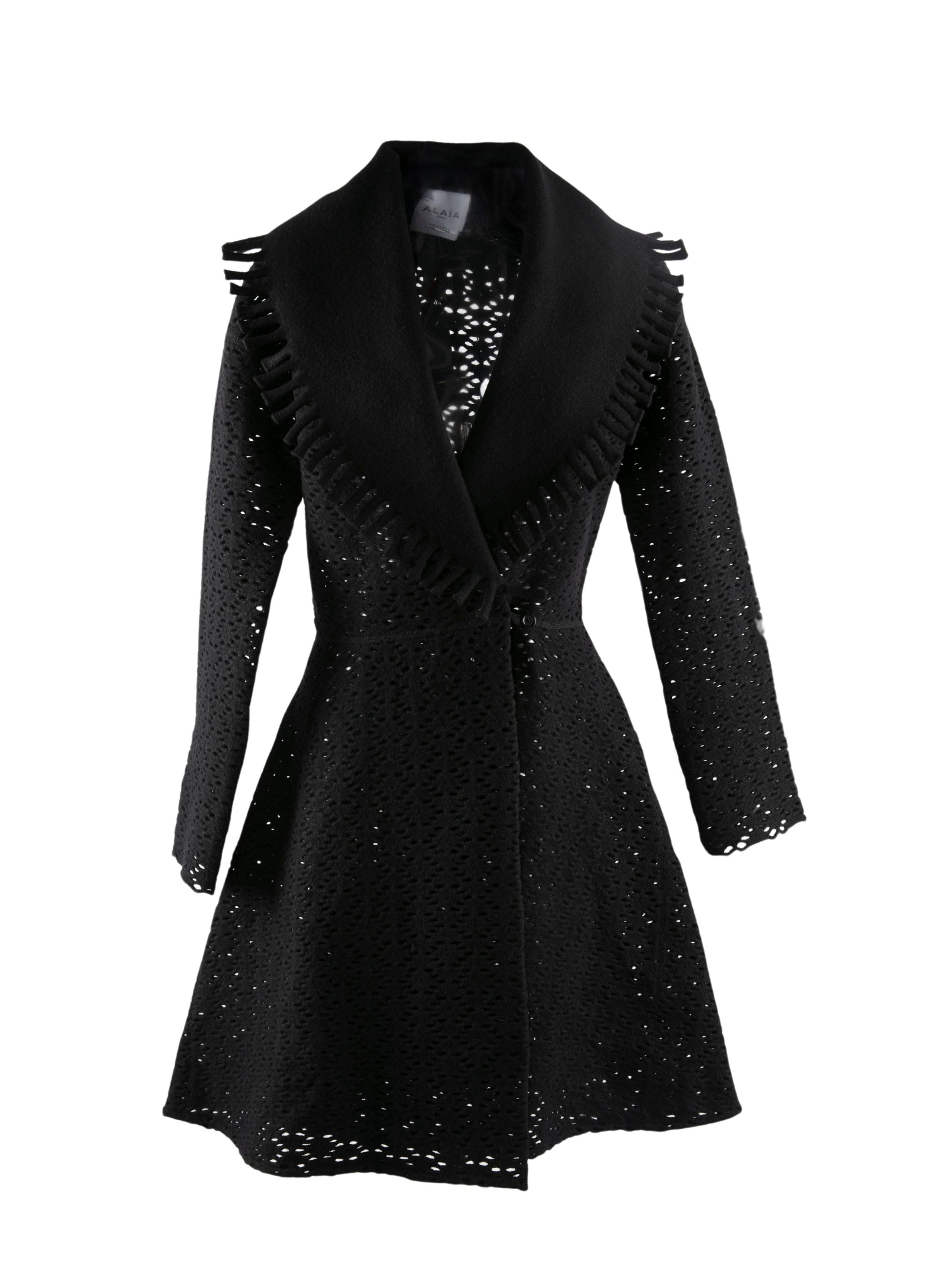 Openwork wool coat with contrast collar - Black intense