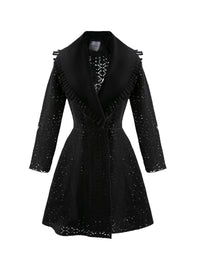 Manteau en laine ajouré à col contrasté - Noir