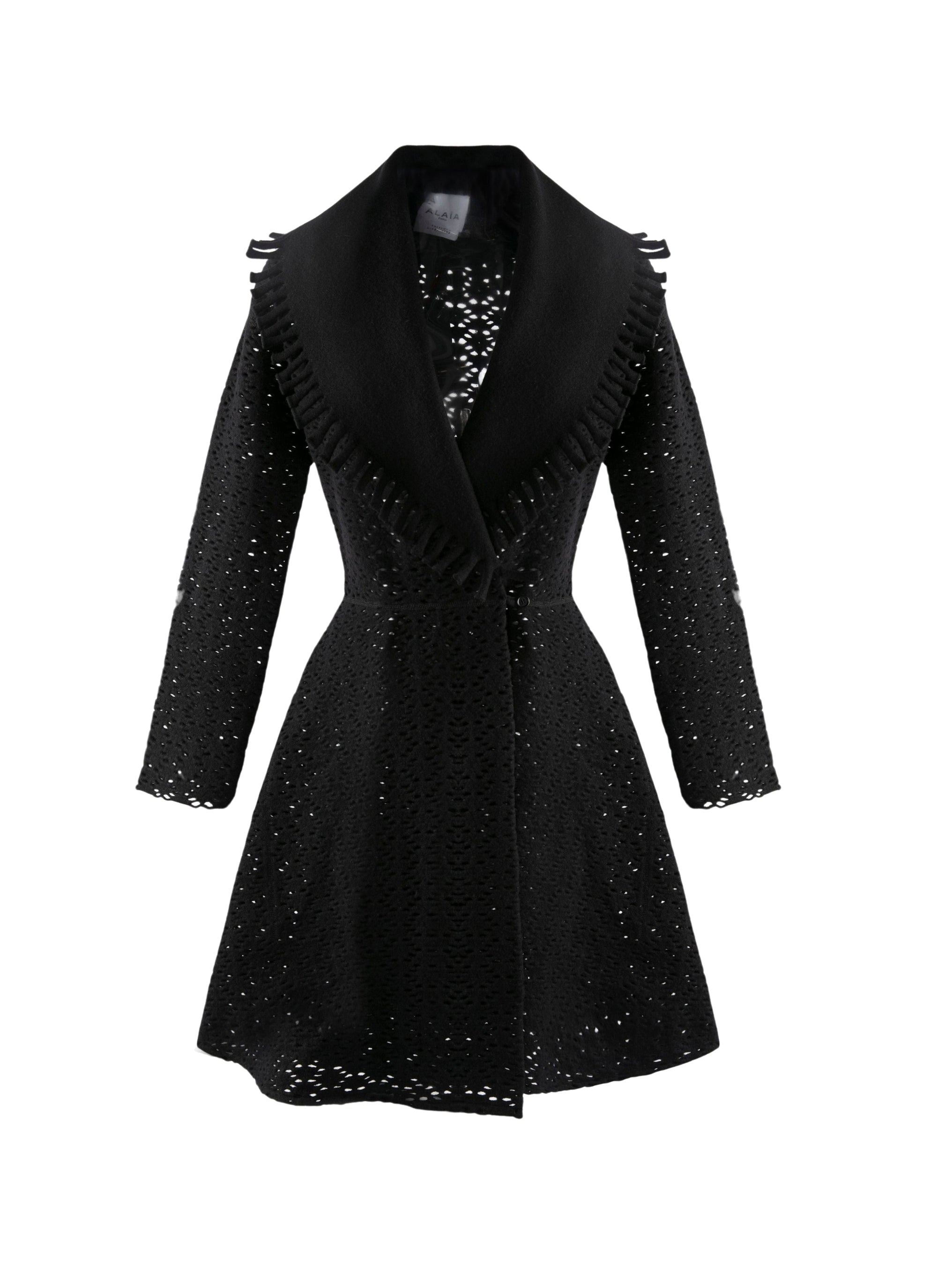 Manteau en laine ajouré à col contrasté - Noir