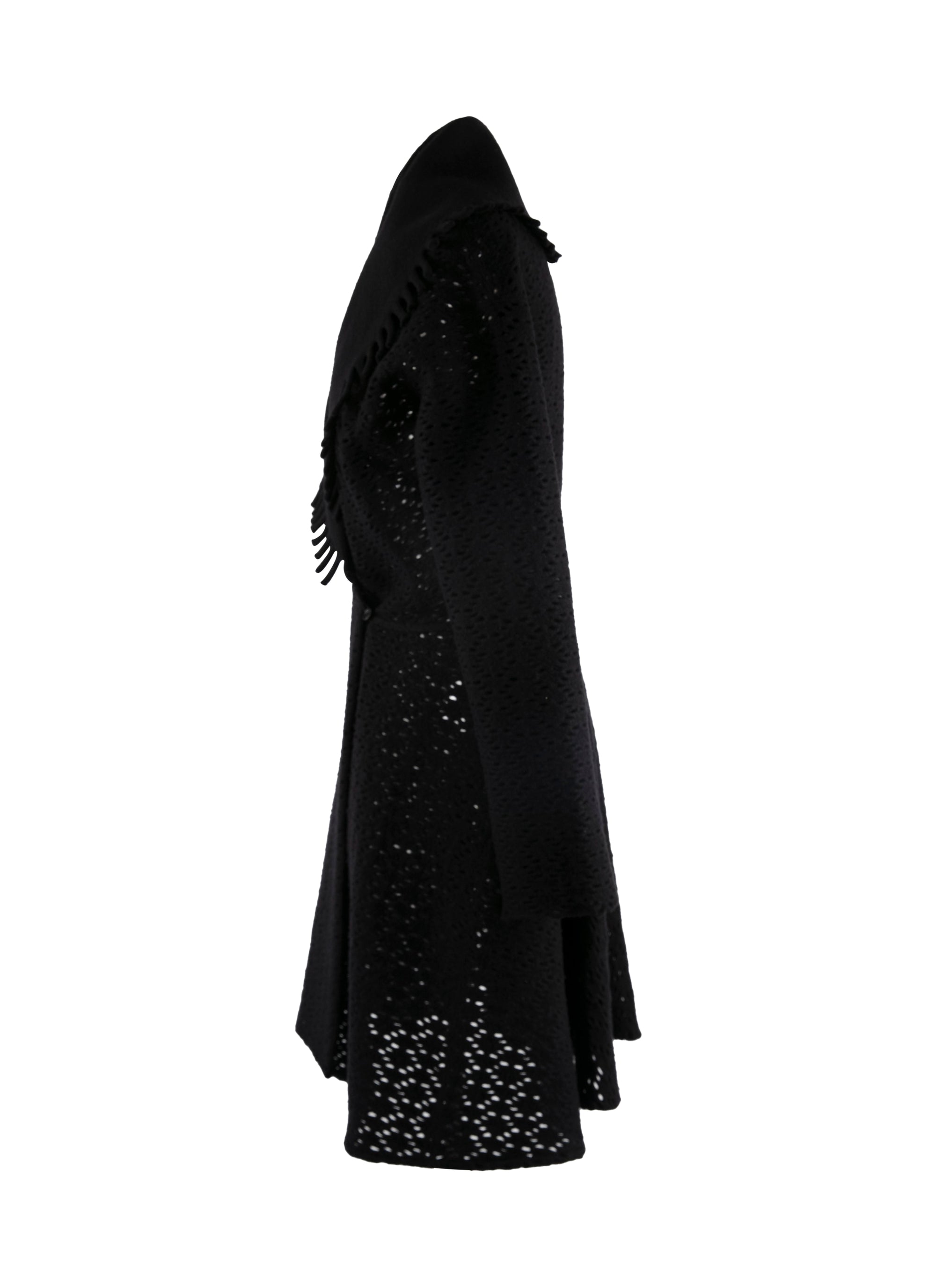 Manteau en laine ajouré à col contrasté - Noir