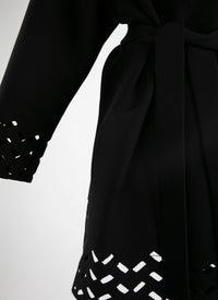 Belted wool coat with openwork edges - Black intense