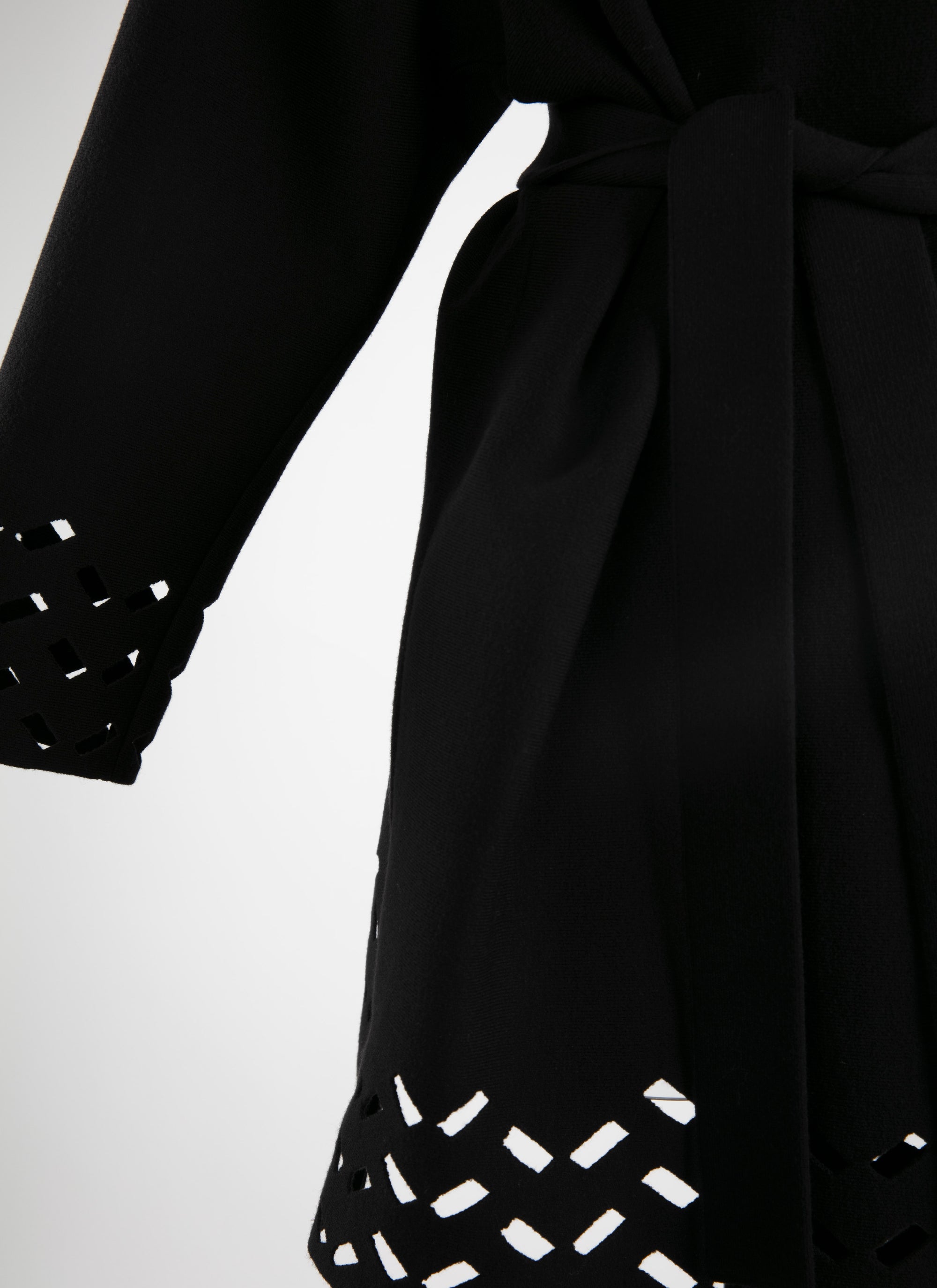 Belted wool coat with openwork edges - Black intense