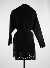 Belted wool coat with openwork edges - Black intense