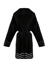 Belted wool coat with openwork edges - Black intense