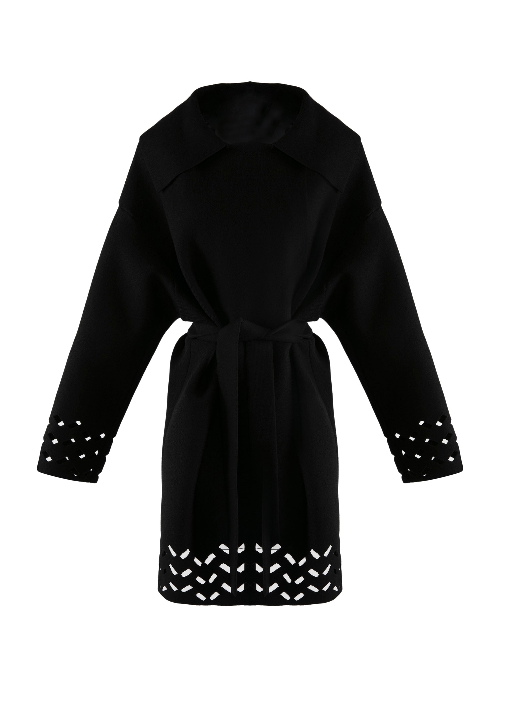 Belted wool coat with openwork edges - Black intense