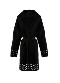 Manteau en laine ceinturé bords ajourés - Noir