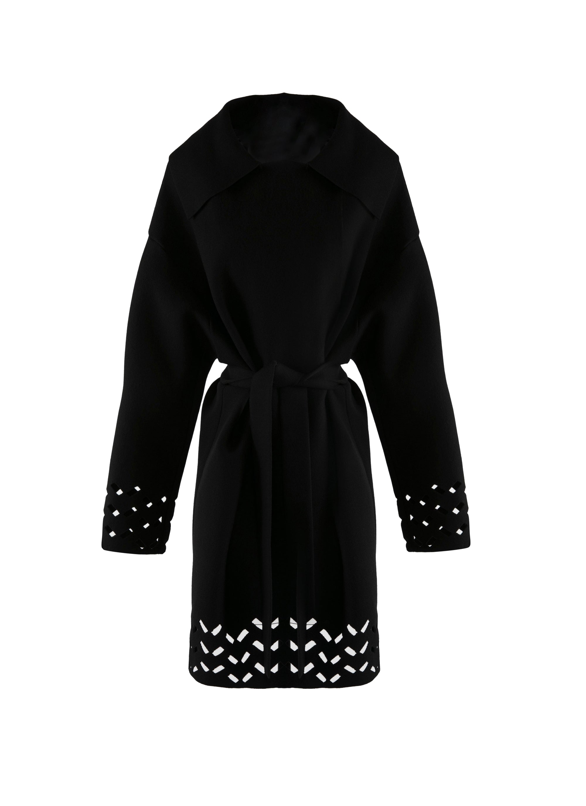 Manteau en laine ceinturé bords ajourés - Noir