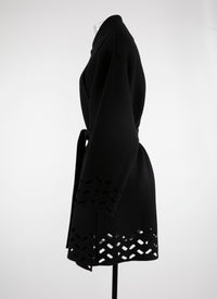 Belted wool coat with openwork edges - Black intense