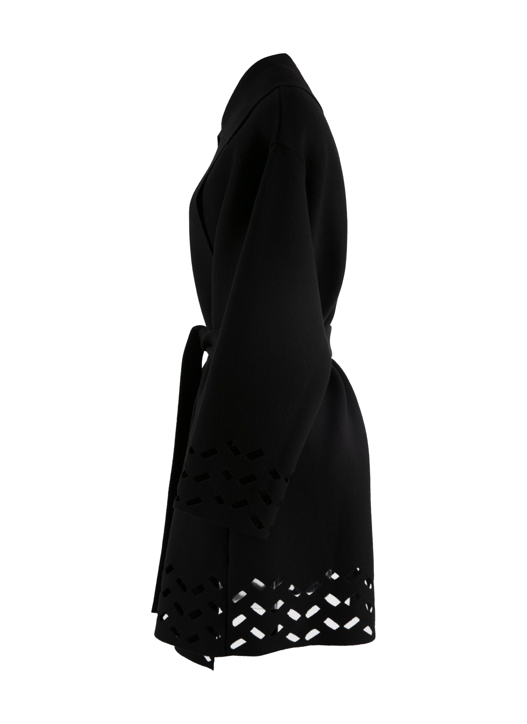Manteau en laine ceinturé bords ajourés - Noir