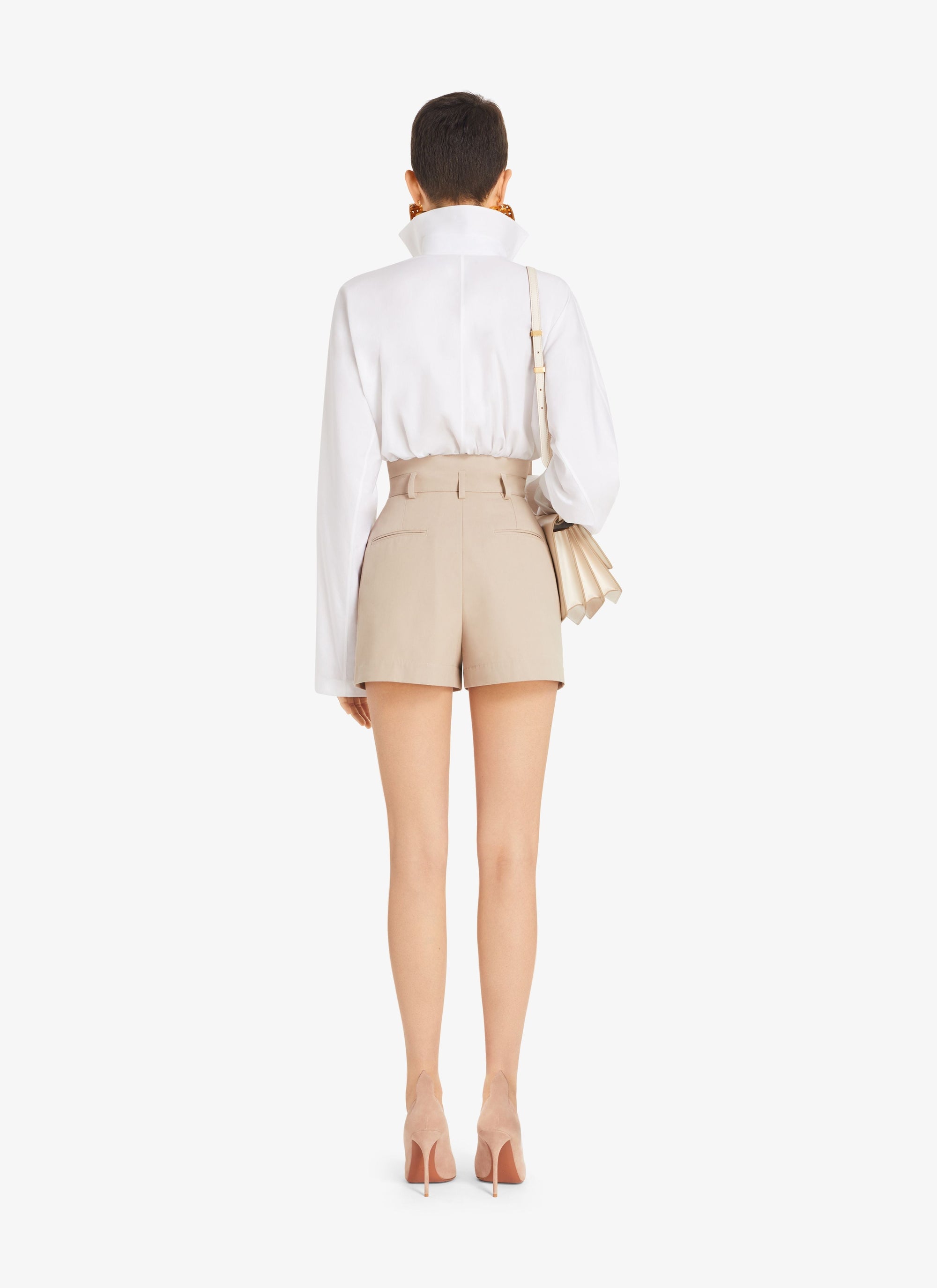 Short taille haute en gabardine de coton - Beige Clair
