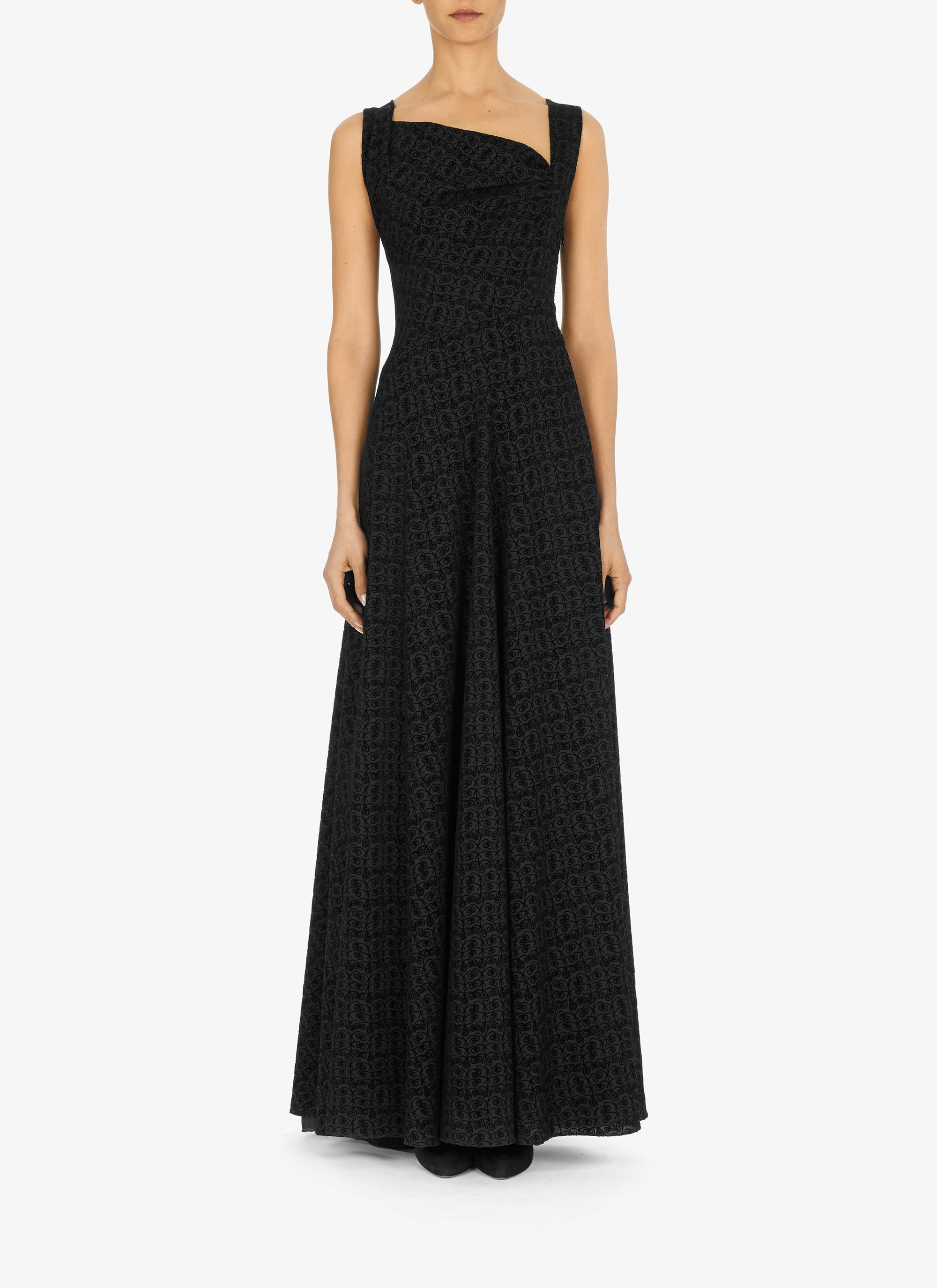 Robe longue évasée à imprimé graphique en laine - Noir