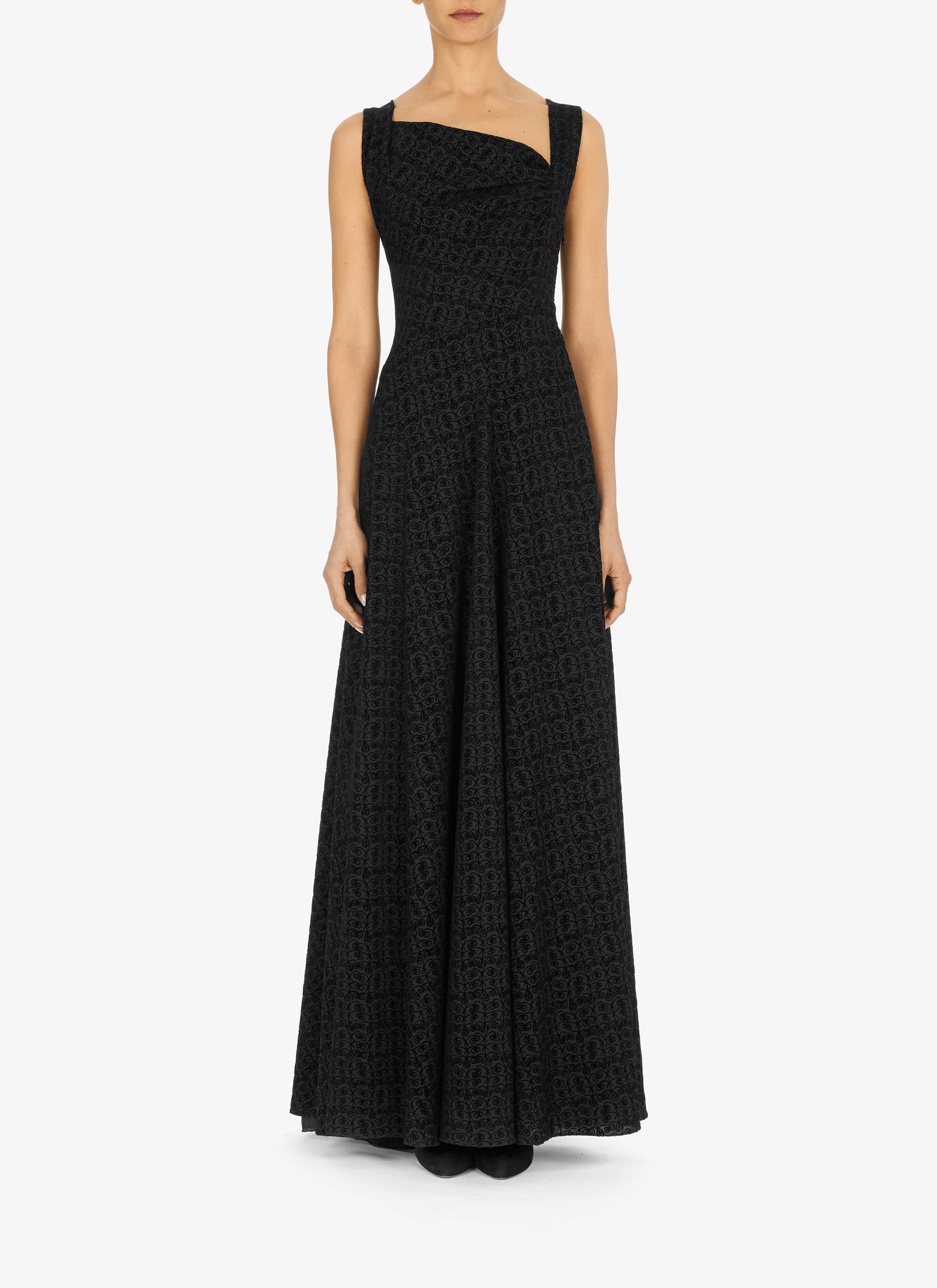 Robe longue évasée à imprimé graphique en laine - Noir