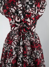 Robe courte à manches courtes en soie - Noir & Rouge