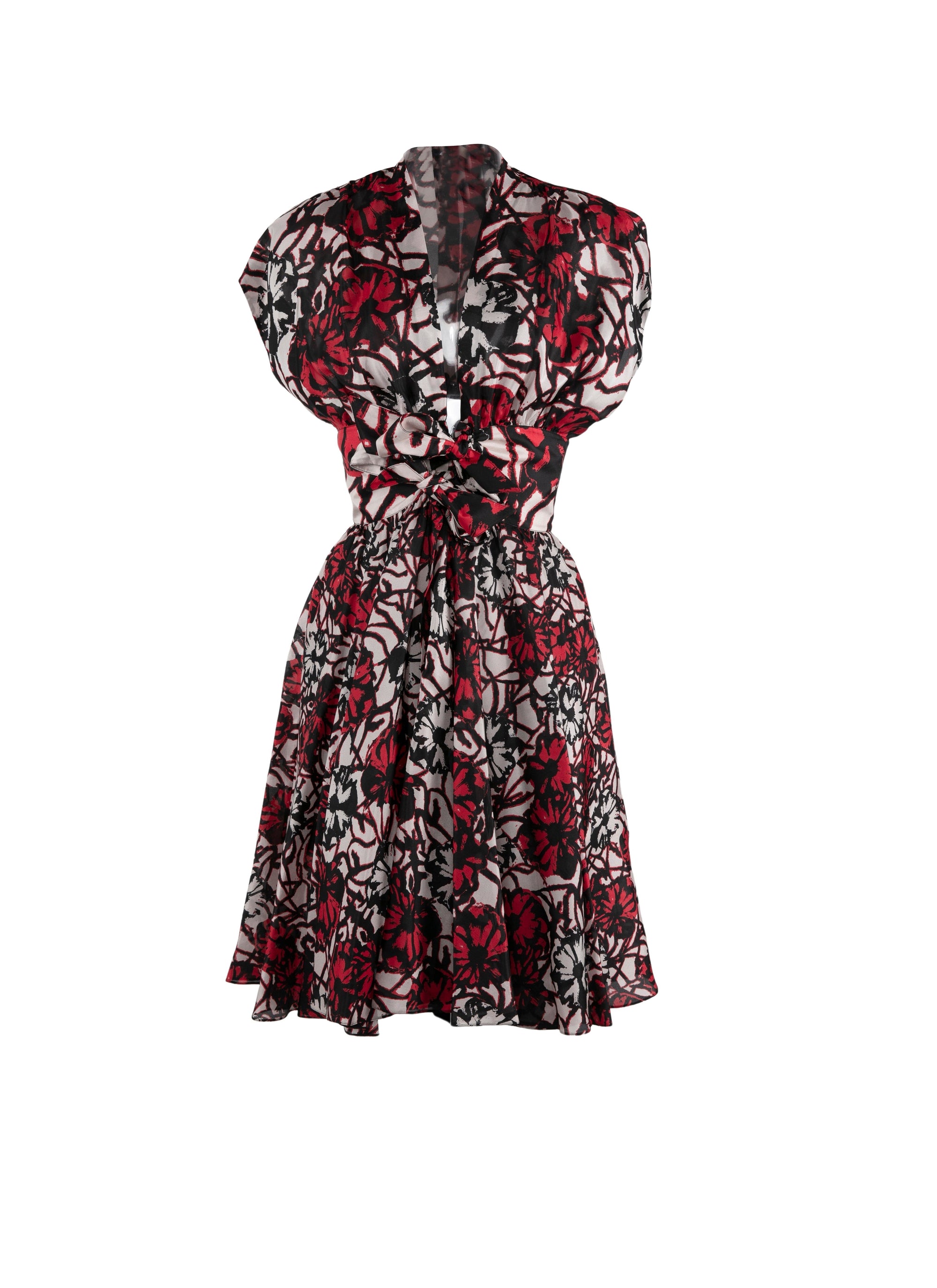 Robe courte à manches courtes en soie - Noir & Rouge