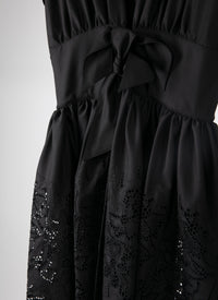 Short-sleeved dress with bow at waist in wool - Black intense