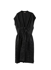 Short-sleeved dress with bow at waist in wool - Black intense