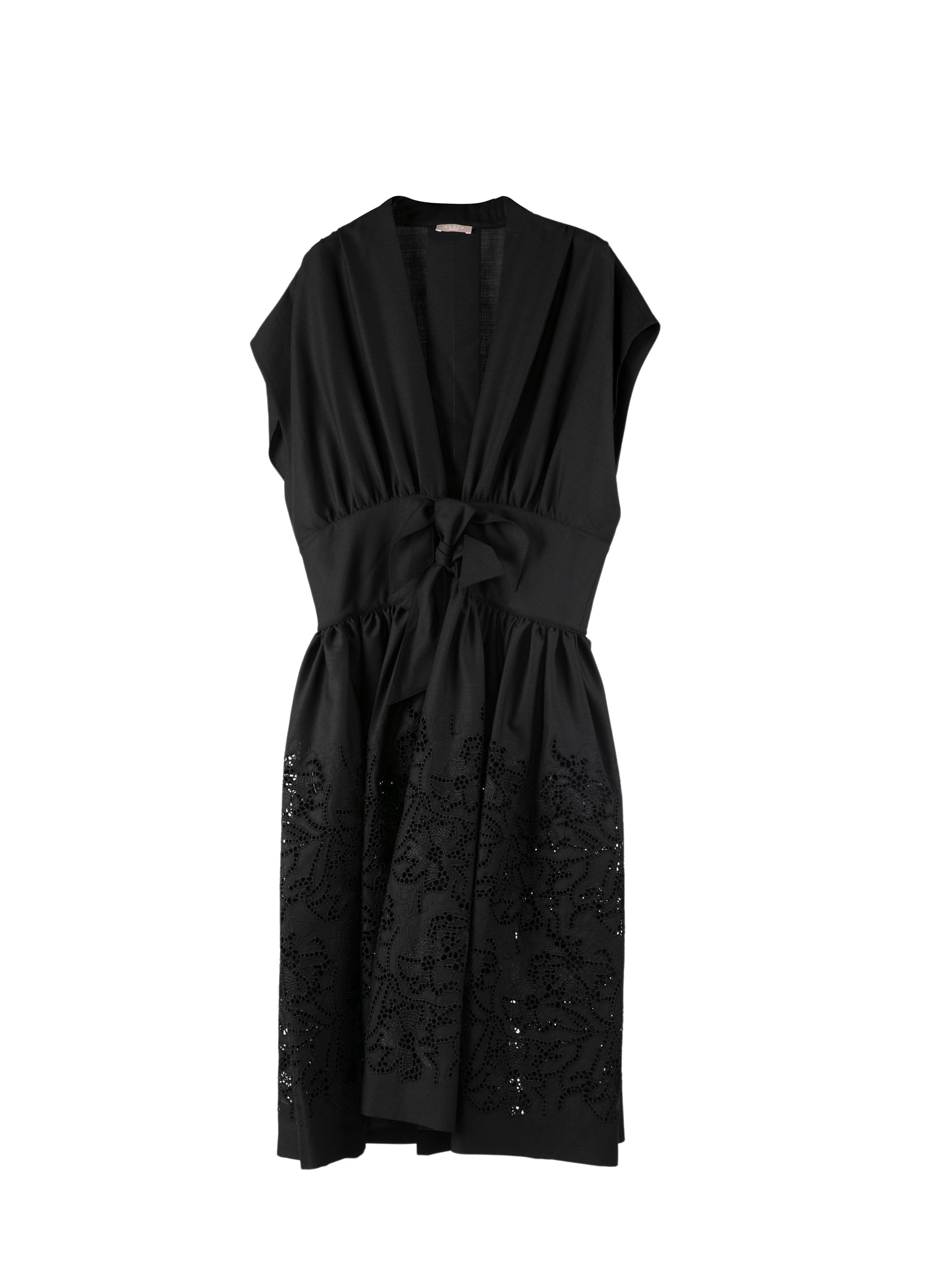 Short-sleeved dress with bow at waist in wool - Black intense