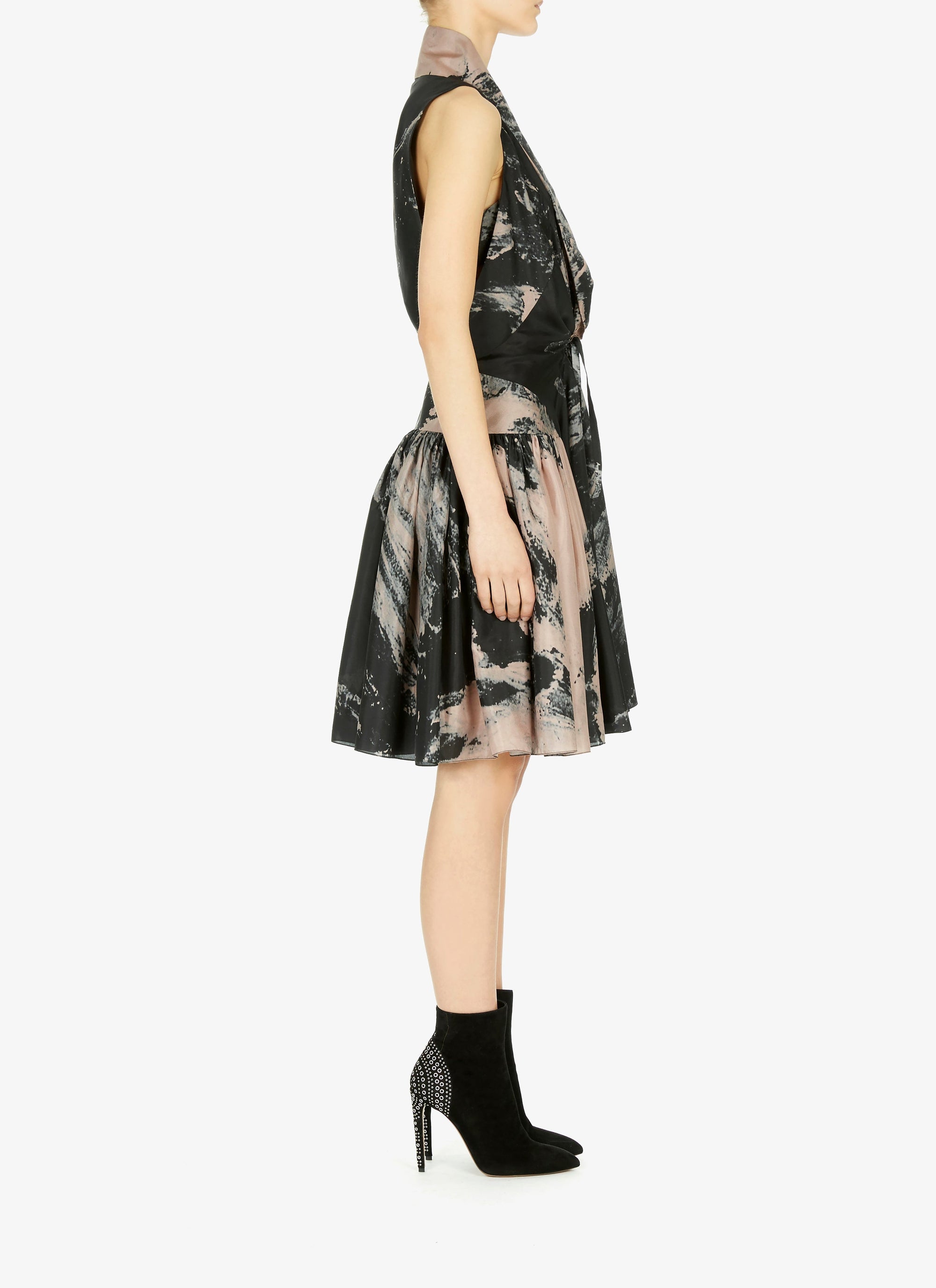 Silk floral print flared dress - Blue & Flesh