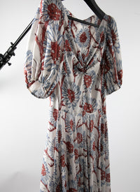 Silk balloon sleeved maxi dress - White & Grey Blue