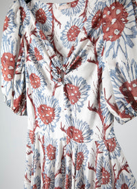 Robe longue à manches ballon en soie - Blanc & Gris Bleu