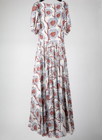Silk balloon sleeved maxi dress - White & Grey Blue