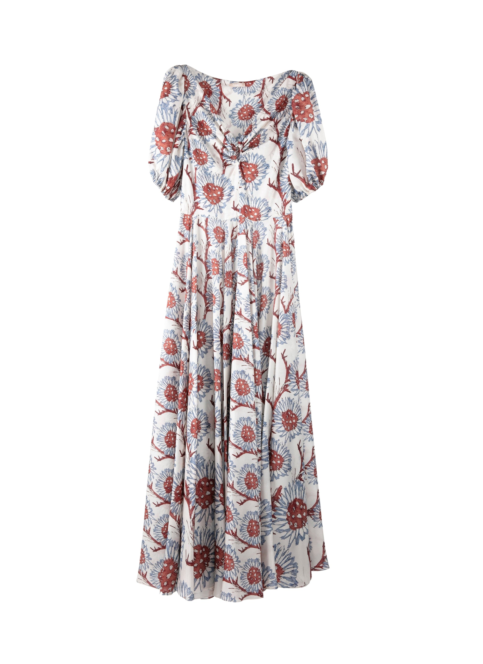 Silk balloon sleeved maxi dress - White & Grey Blue