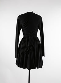 Tie waist short dress in wool - Black intense