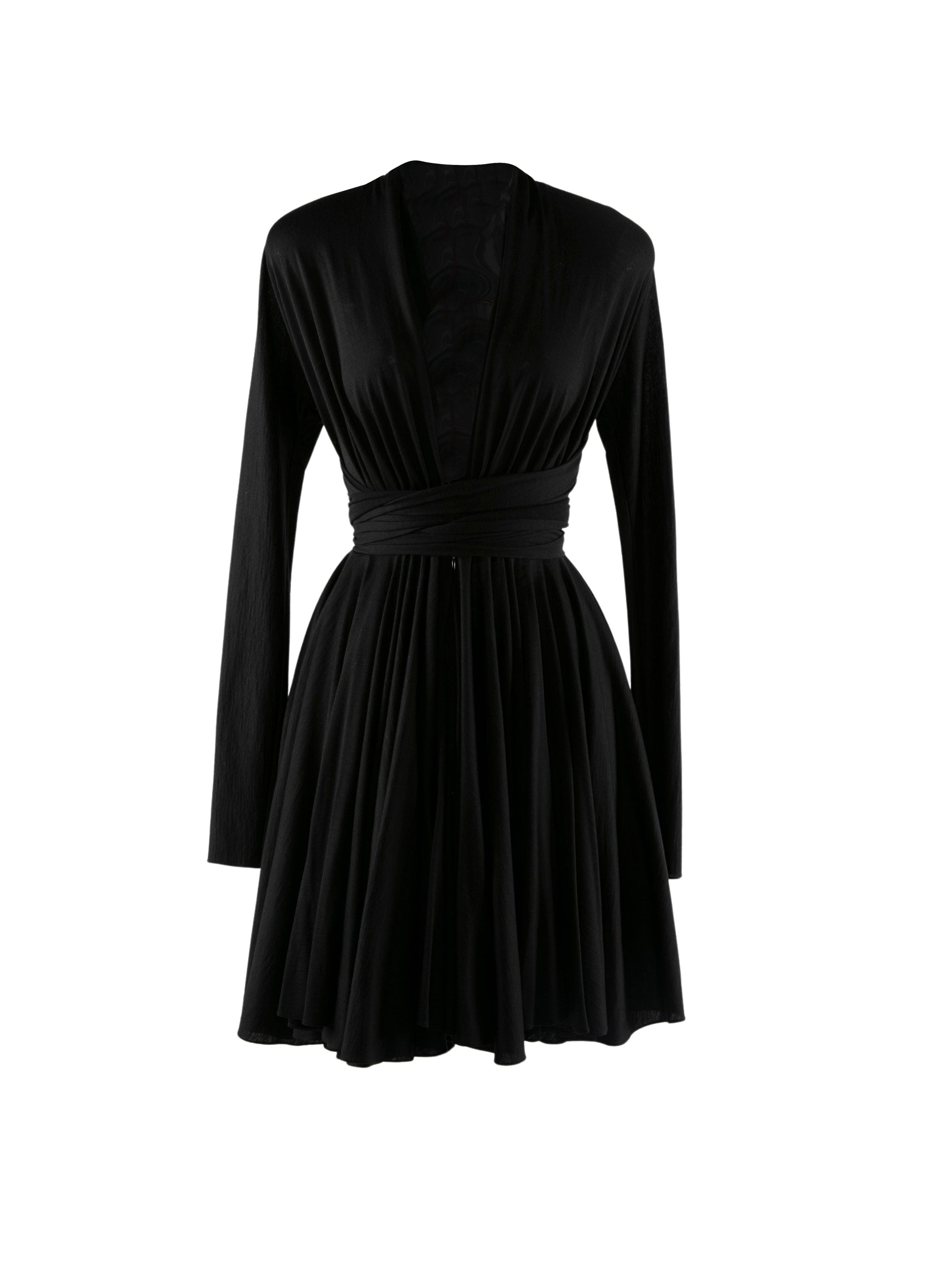 Tie waist short dress in wool - Black intense