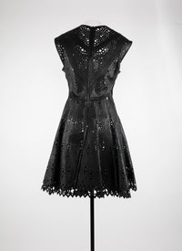 Sleeveless regular dress in leather - Black intense