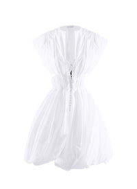 Belted flared short dress with sleeves - White