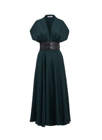 Robe ceinturée en jacquard soie - Vert foncé