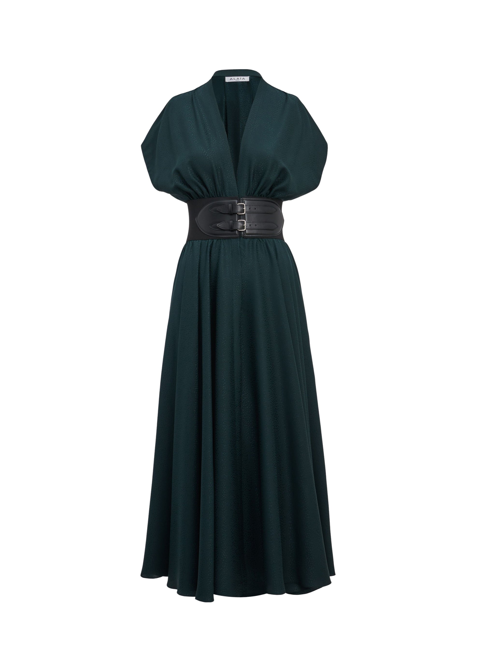 Robe ceinturée en jacquard soie - Vert foncé
