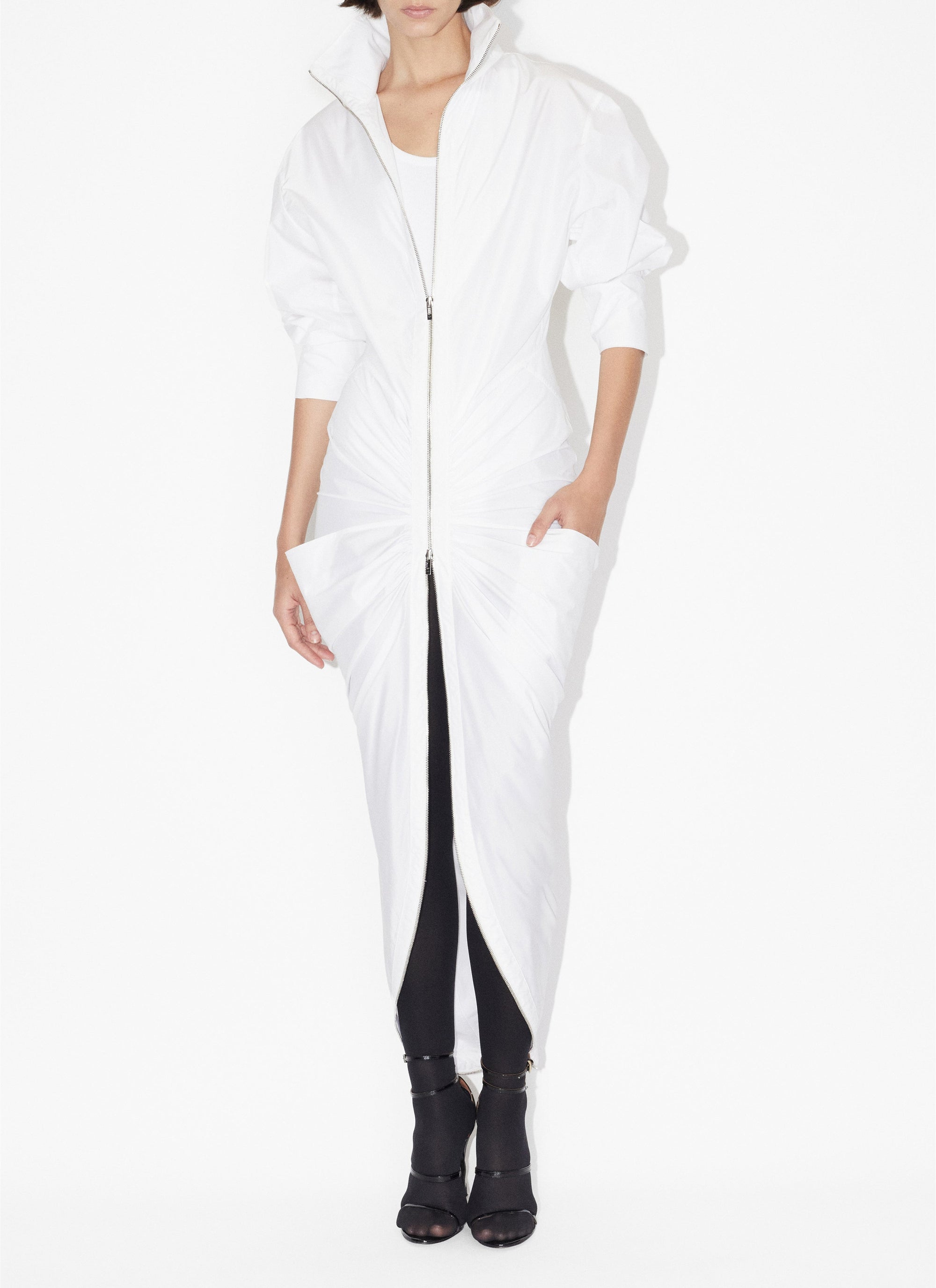 High-neck zipped and gathered dress - White