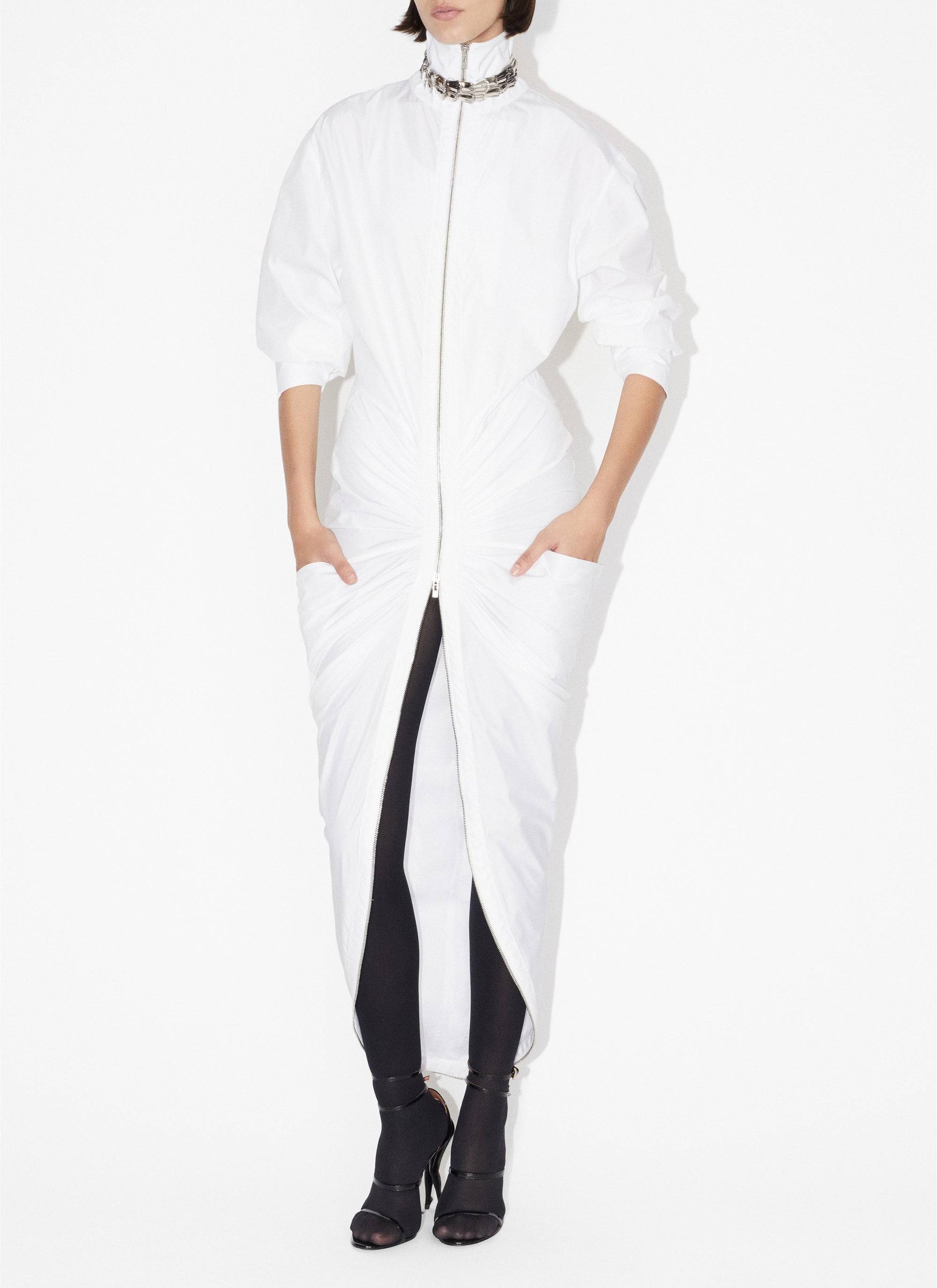 High-neck zipped and gathered dress - White