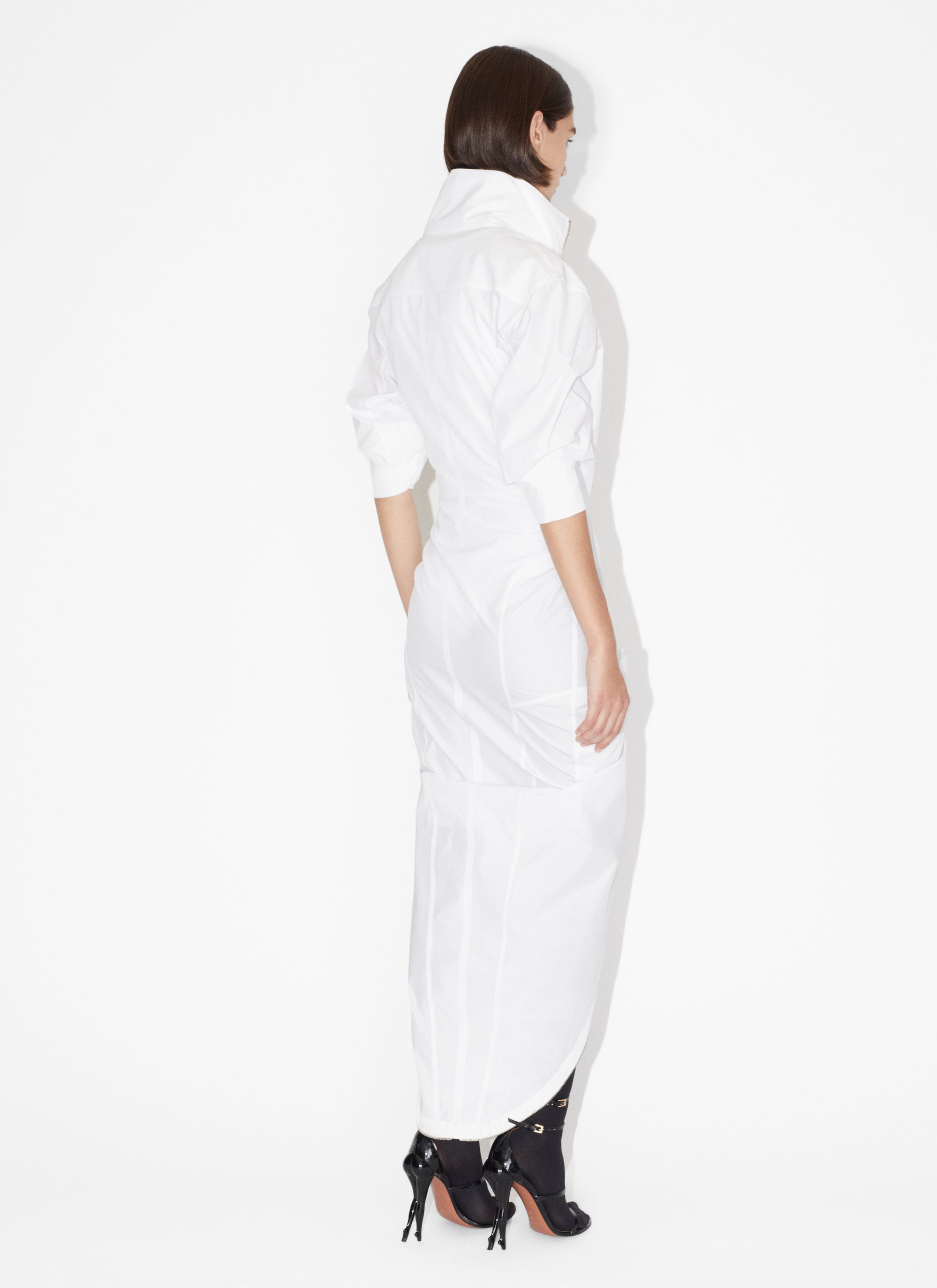 High-neck zipped and gathered dress - White