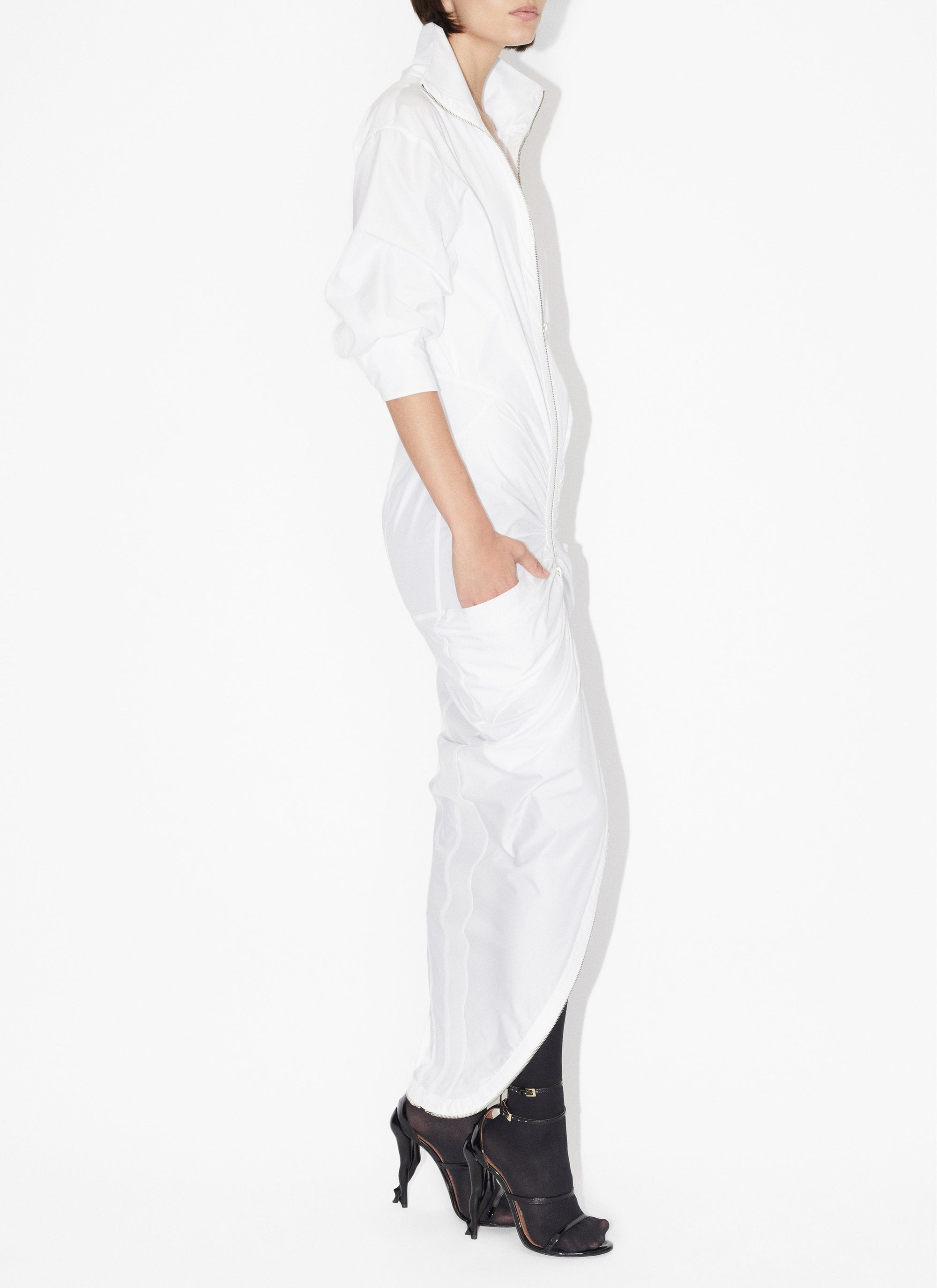 High-neck zipped and gathered dress - White