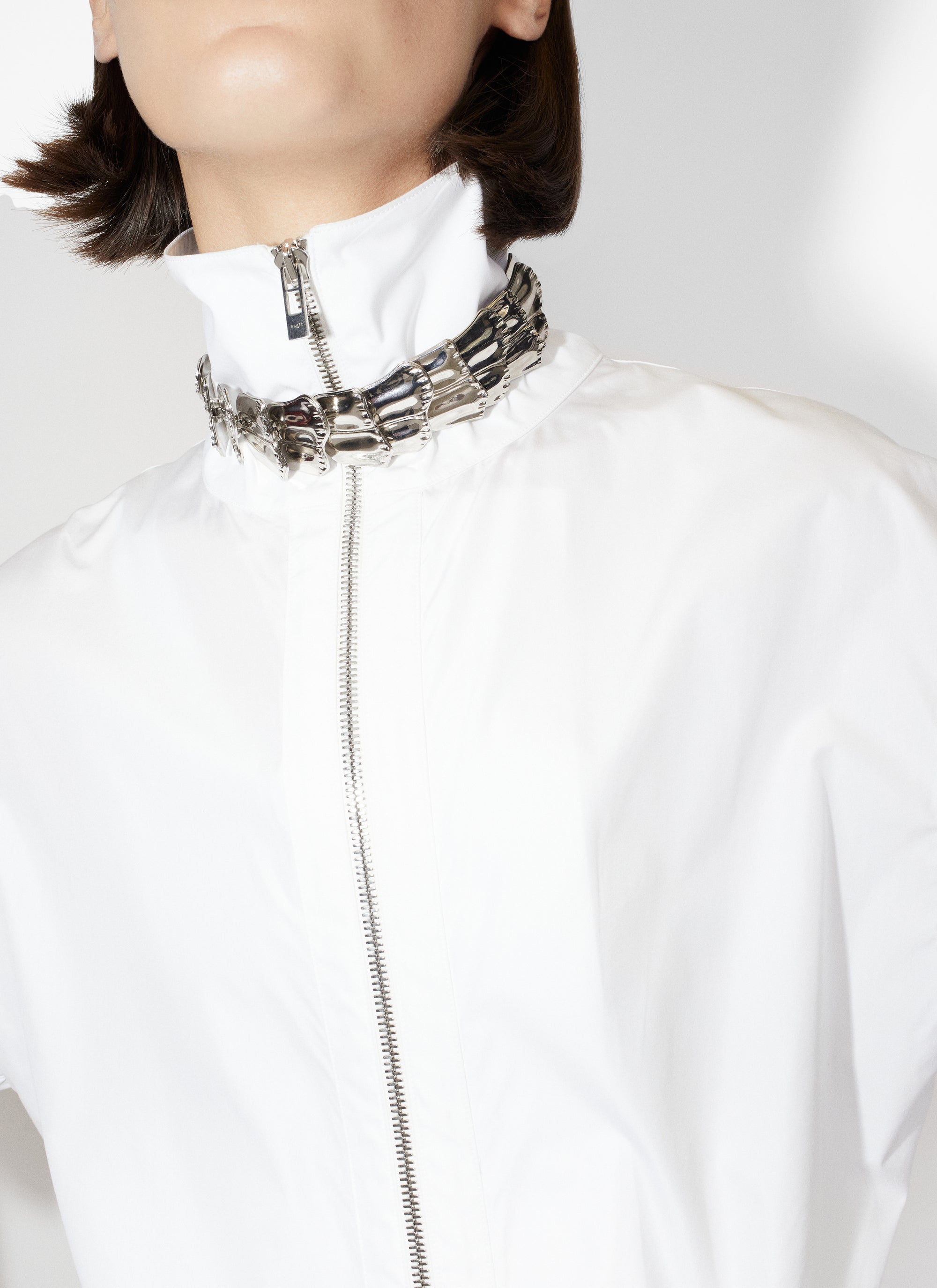 High-neck zipped and gathered dress - White