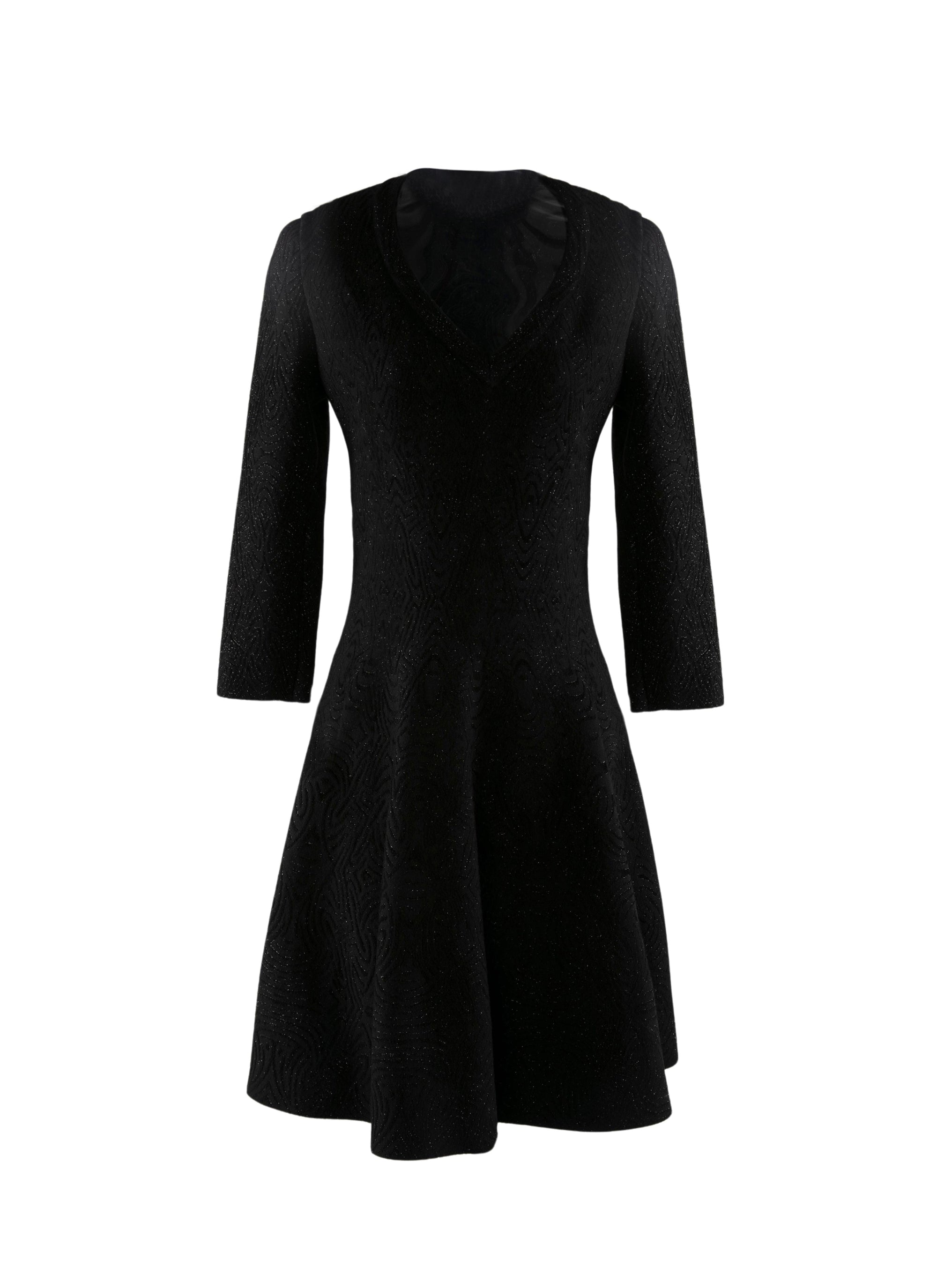 Short flared dress with round neck and 3/4 sleeves - Black Gloss