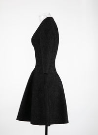 Short flared dress with round neck and 3/4 sleeves - Black Gloss
