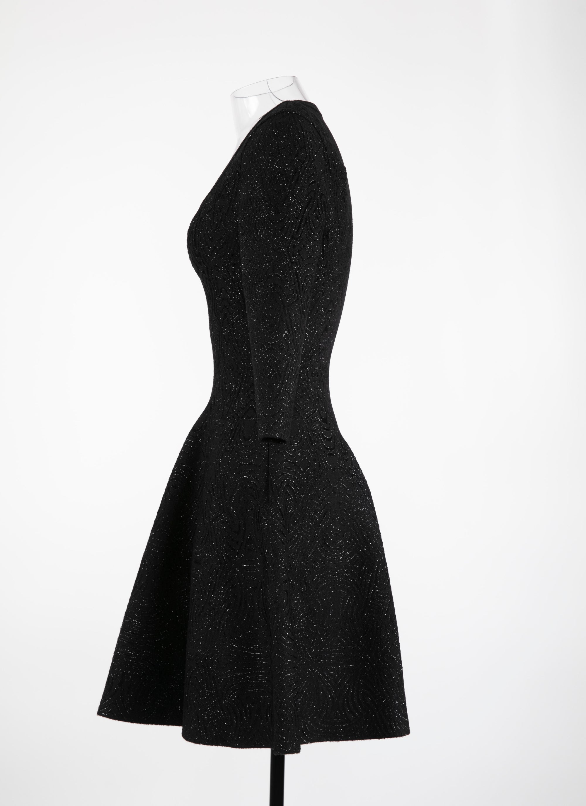 Short flared dress with round neck and 3/4 sleeves - Black Gloss