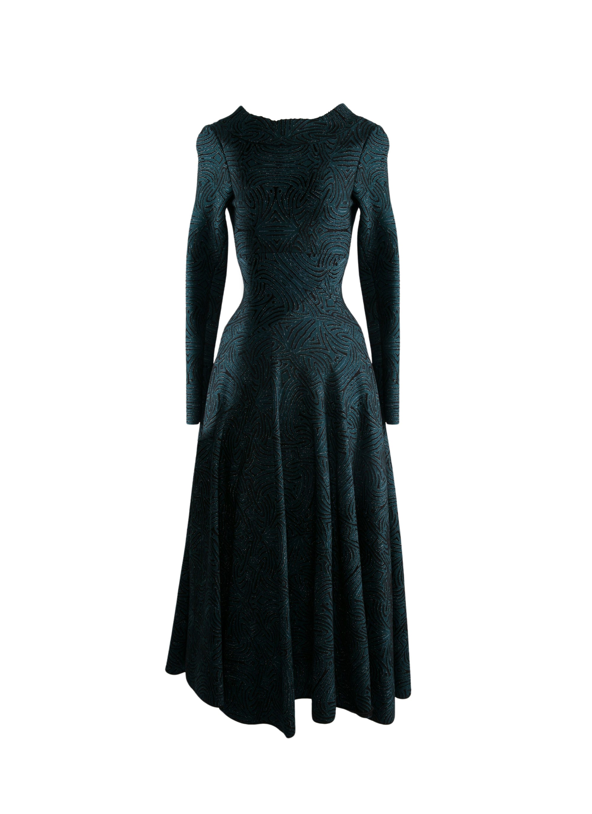 Robe longue évasée à col rond et manches longues - Vert & Noir